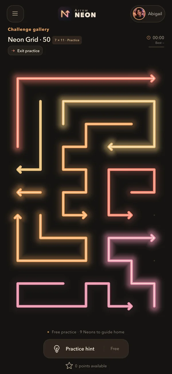 Actual Arrow Neon gameplay: a board of warm, glowing arrows ready to untangle