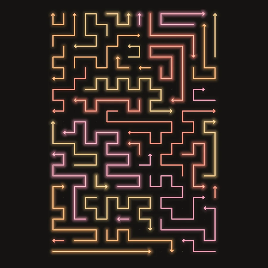 Actual Neon Grid puzzle with densely interwoven amber and rose arrows